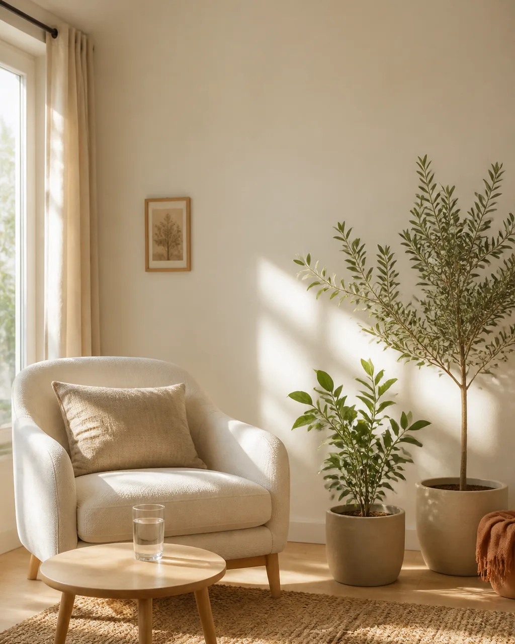 Le cabinet, un fauteuil en tissu clair près d’une fenêtre et des plantes.