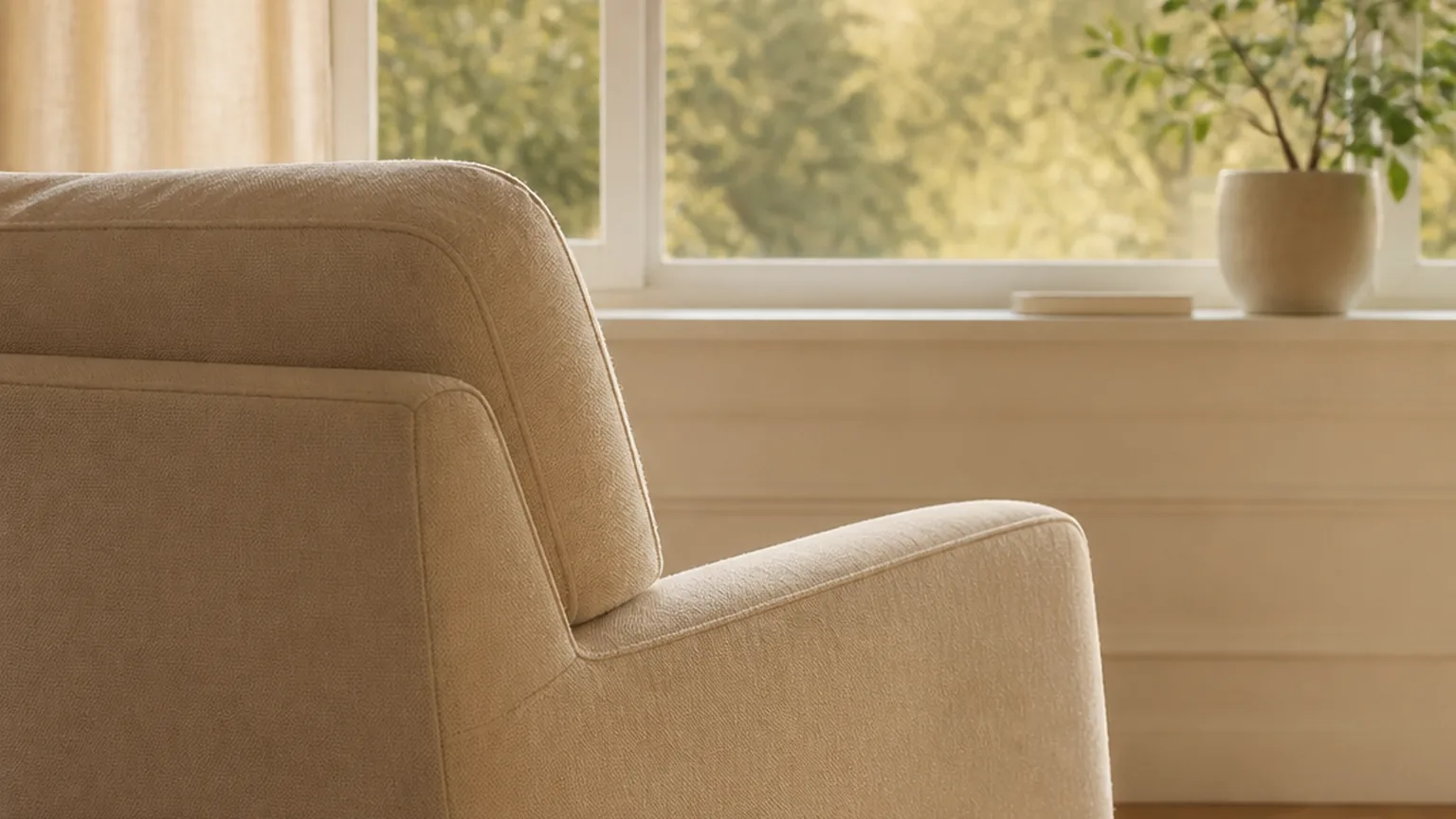 Un fauteuil en tissu clair face à une fenêtre, dans la lumière de fin de journée.