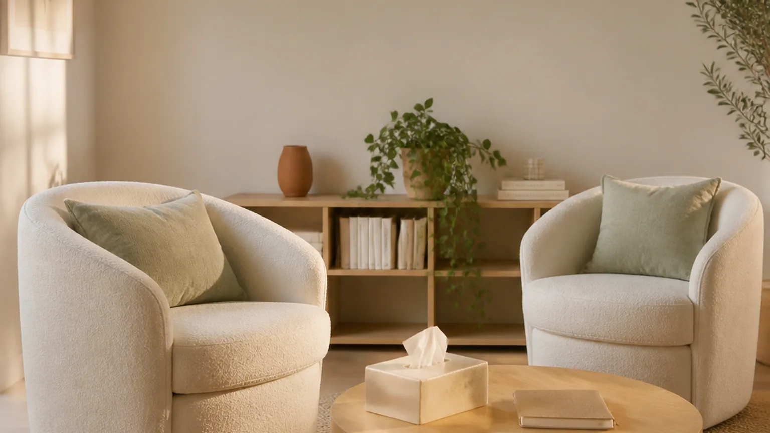 Deux fauteuils qui se font face, une table basse en bois et une plante.