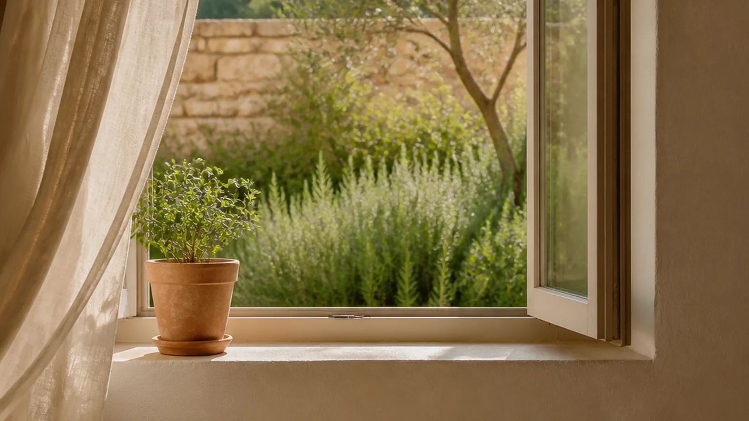 Une fenêtre du cabinet ouverte sur un jardin, la lumière de fin de journée sur le mur.