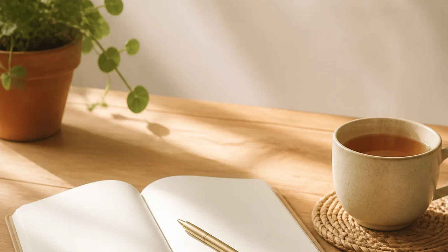 Un carnet ouvert et un stylo posés sur une table en bois, dans la lumière de fin d’après-midi.