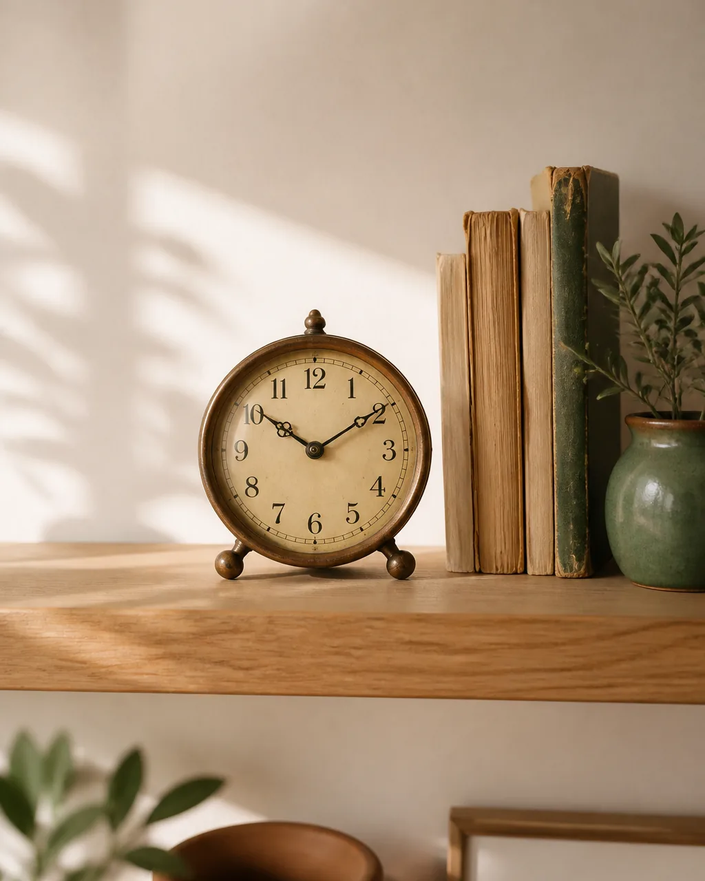 Une petite pendule à aiguilles posée sur une étagère, à côté de livres.
