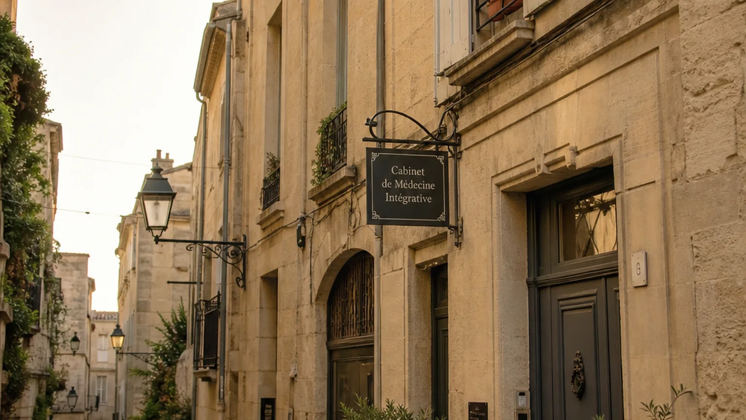 Une rue étroite du centre historique de Montpellier, façades claires et volets bois.