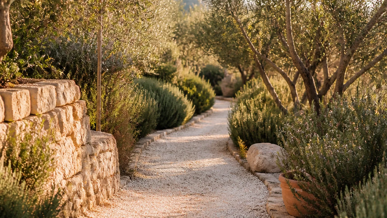 Un sentier de gravier clair qui traverse un jardin et s’éloigne entre les oliviers.