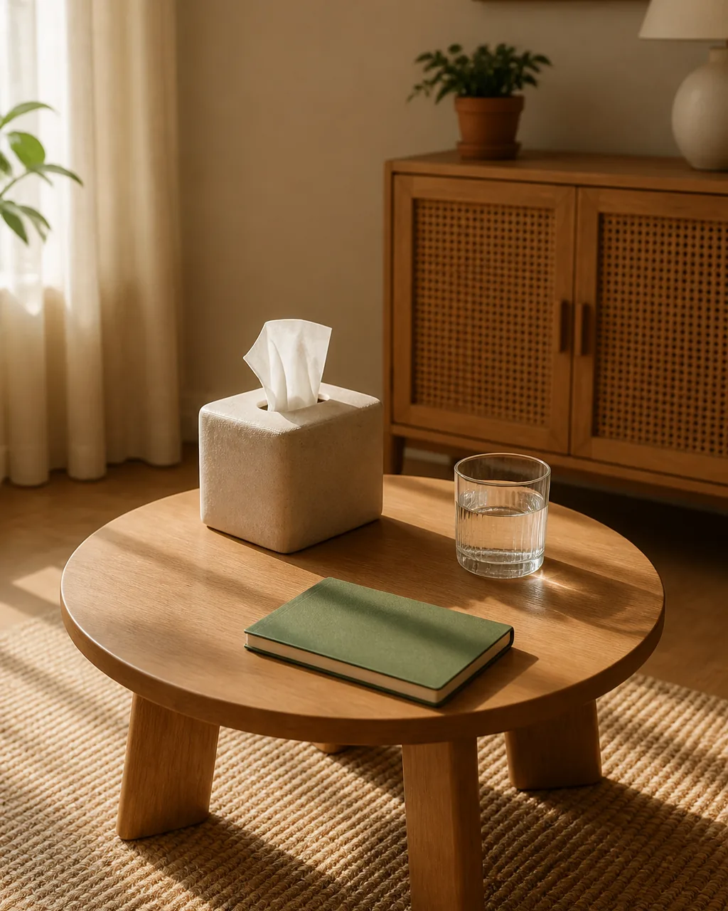 Une table basse en bois clair, un verre d’eau et un carnet fermé.